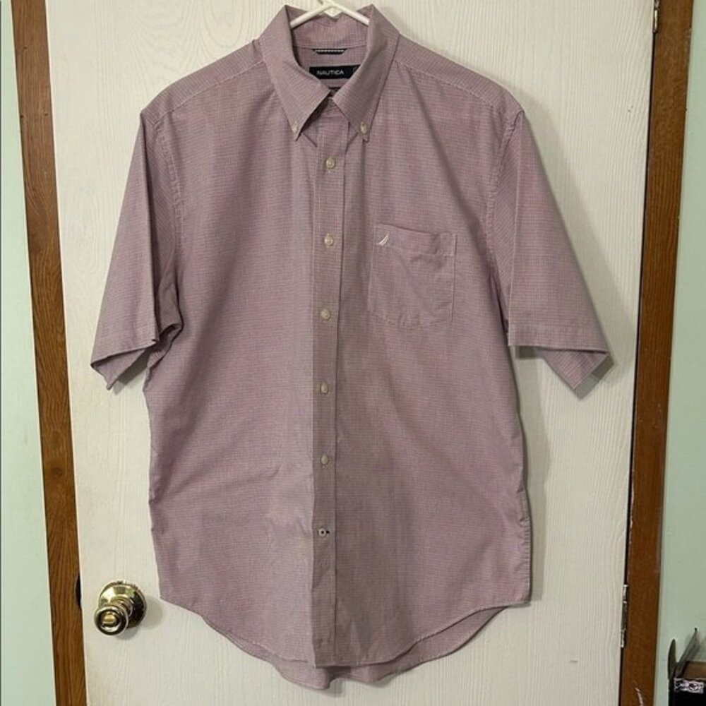 Nautica Men's Casual Button-Down Short Sleeved Shirt Red White and Blue